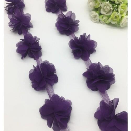 1 Yard 3D Deep Purple Chiffon Flower Lace Trim Baby Hair Band Lace Fabric Decoration DIY Garment Accessories Ribbon #24