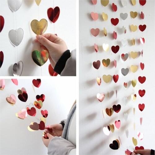 2M Bright Paper Hearts String Garland Red Gold Bunting Room Decor Hanging Banner for Wedding Decoration Home Living Room Curtain