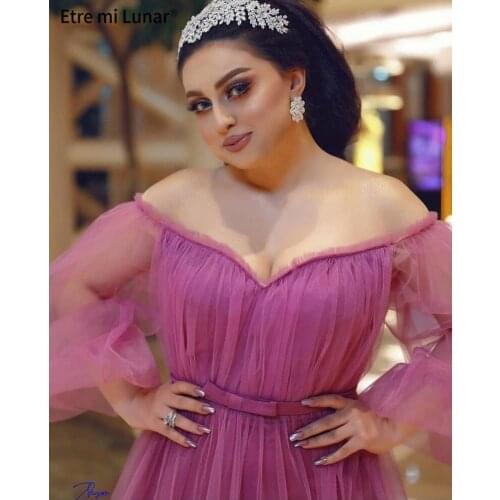 2020 Purple Simple Sexy Fashion Off Shoulder Evening Dresses Long Sleeves Tulle Evening Gowns vestido de noche LE40713