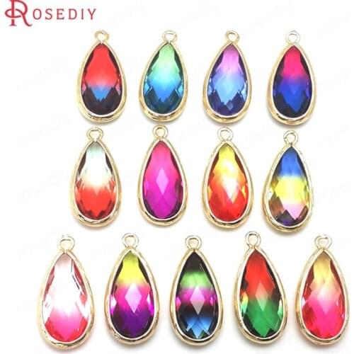 6PCS 25x12MM 24K Champagne Gold Color Brass and Glass Colorful Rainbow Style Long Drop Shape Charms Pendants Jewelry Accessories