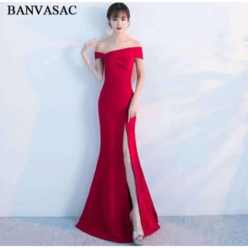 BANVASAC 2018 Boat Neck Split Mermaid Long Evening Dresses Party Asymmetrical Short Sleeve Backless Prom Gowns
