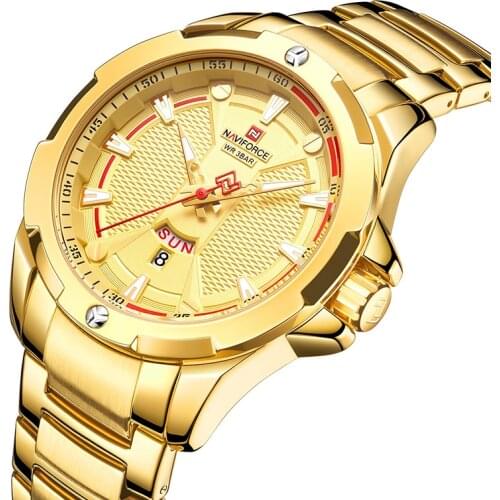 2021 New NAVIFORCE Men Quartz Analog Gold Color Watches Waterproof Week Display Casual Business Stainless Steel Male Wrist Watch