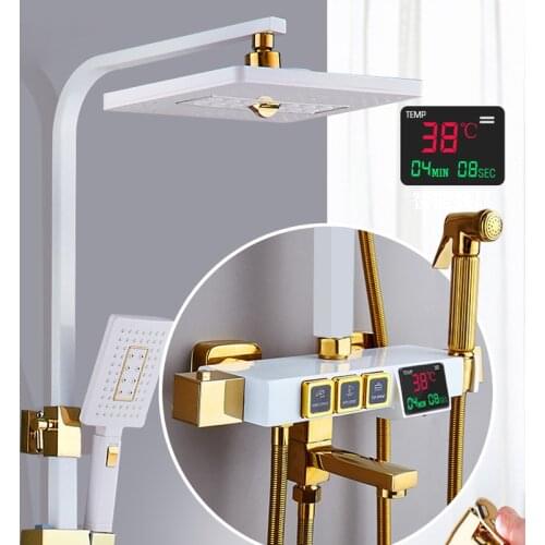 Digital black shower set thermostatic bath mixer bathroom shower set Gold Bathtub faucet with display digital shower set White