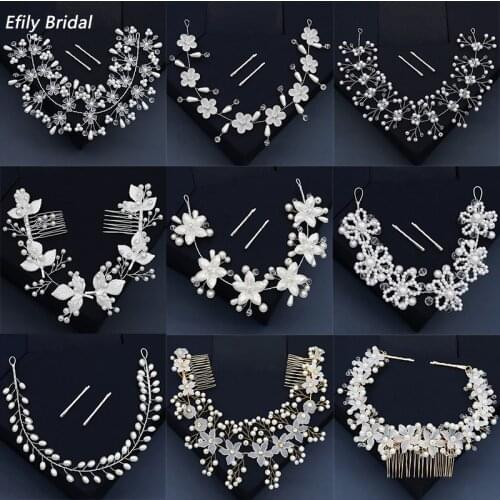 Efily Bridal Wedding Hair Accessories Crystal Flower Pearl Headband for Women Hair Jewelry Party Bride Headpiece Bridesmaid Gift