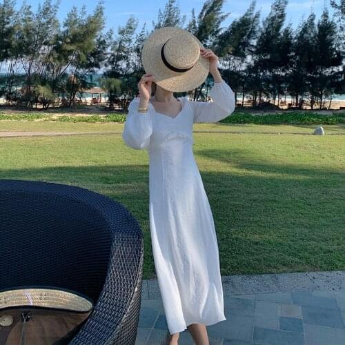 Elegant Party Women Dress Slim V Neck Long Sleeve white long Dress 2020 Casual Temperament Lady Solid dress for women