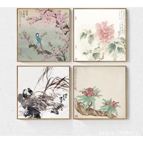 No frame Chinese style plum blossom birds lotus canvas printings oil painting printed on cotton home wall art decoration picture