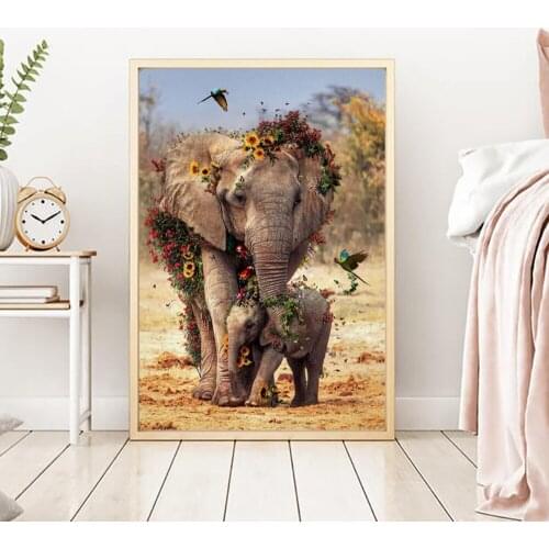 Mother and Child Elephant Print Canvas Painting Wonderful World Flower Animal Poster Wall Art Decor