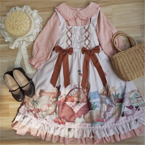 Lets Have A Picnic Cute Womens Lolita 2pcs Dress Set: Rabbit Print White JSK Suspender Apron + Pink Half Sleeve Dolly Dress
