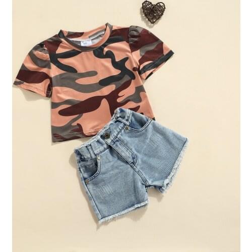 FOCUSNORM 1-6Y 2pcs Summer Girls Fashion Clothes Sets Camouflage Printed T Shirts High Waist Denim Shorts