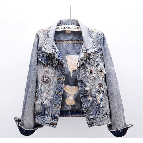 Korean Heavy Industry Beaded Flowers Hole Spring Autumn Denim Jacket Woman 2021 New Fashion Loose Long-Sleeved Jeans Coat Female