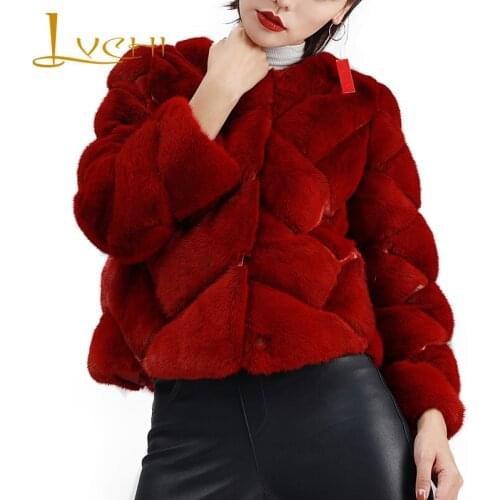 LVCHI Winter Long Sleeve Two Side Wear Mink Coat Real Fur Import Swan Velvet Natural Fur O-Neck Womens Plaid Short Mink Coat