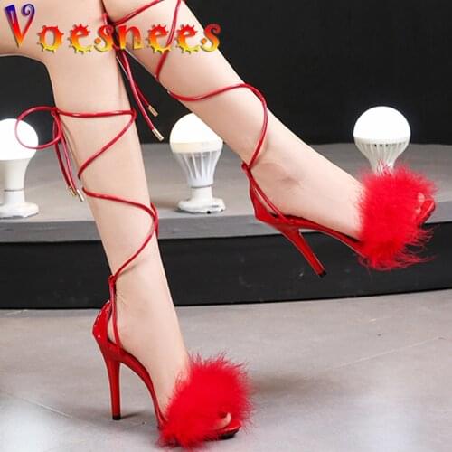 Fur Wear Outside Summer Slippers Candy Color Sandals Ankle Strap 11CM Walk Show Super High Heels Peep Toe Wedding Women Shoes