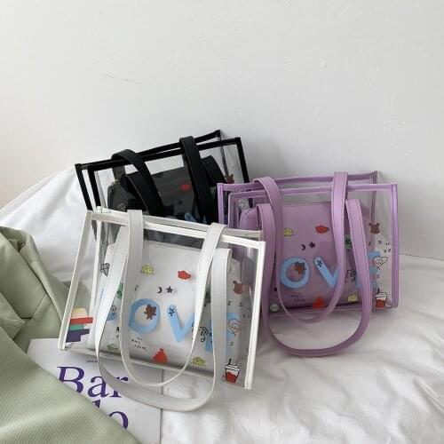 Fashion Women 2pcs Composite Bags Transparent Cartoon Printing Female Shoulder Bag Tote Handbags Casual Shopper Pure Color Purse