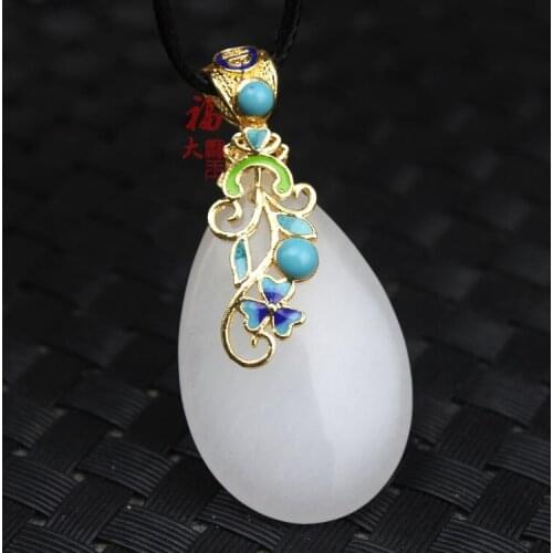 Natural Xinjiang Kunlun white jade Drop Pendant, cloisonne necklace, female jade jewelry, holiday gift
