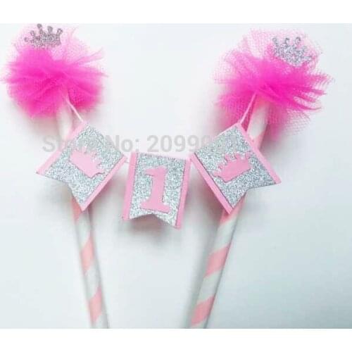 Personalized Baby Shower Cake topper Bunting Princess 1st Birthday Party Smash Cake Banner Yarn Pompon Silver Crown Cake Decor