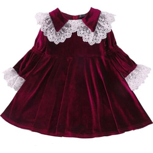 Baby Girls Dress For Autumn Winter Children Long Sleeve Velvet Lace lapel Kids Princess Dress For Christmas Near Year Wine Red