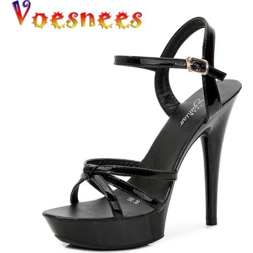 Voesnees Shoes Women Tie Patent Leather Sandals Steel Tube Dancing Striptease Walking Show Sandals Model high-heeled 13 cm Shoes
