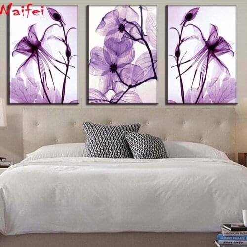 Free Shipping 5d diamond embroidery triptych Purple Flower Canvas Painting Wedding Decoration 3d diamond Picture for Living Room