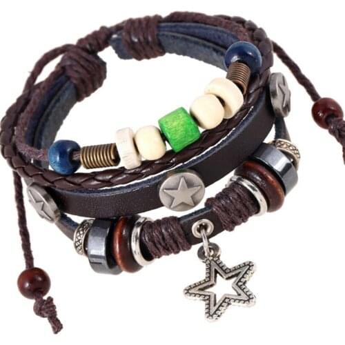 Vintage Retro Star Beads Bracelet Wrap Multilayer Braided Rope Leather Charm Bangle Wristbands Casual Women Men Fashion Jewelry