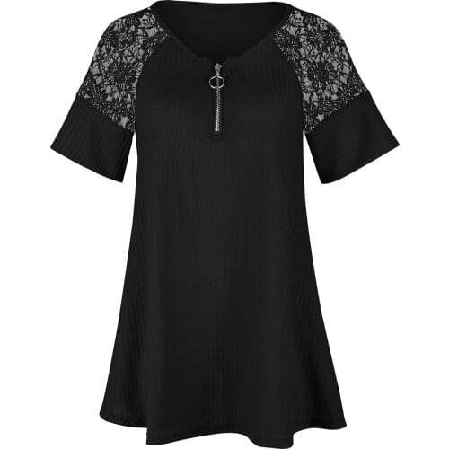 Women Floral Casual Embroidery T-shirt, Irregular Hem Comfortable Short Lace Street Wear Sleeve V-neck Pullover for Summer