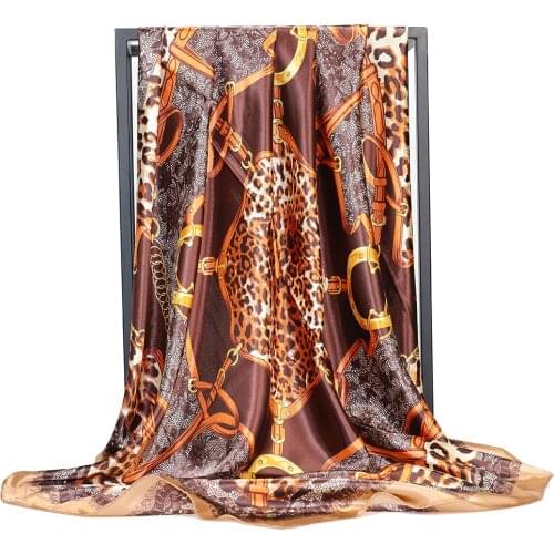 Leopard Print Headscarf Women Satin Hijab Silk Scarf Luxury Brand Female 90cm*90cm Square Shawl Head Scarfs For Ladies