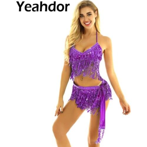 2Pcs Womens Belly Dance Hip Scarf Wrap Skirts Bellydance Costume Set Sequin Tassels Halter Neck Back Tie Up Belly Dance Bra Top