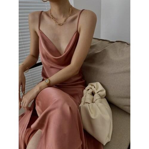 2021 Satin Spaghetti Strap Dress Women Elegant Sexy Sleeveless High Slit Long Dresses Summer Vintage Slim Robe Party Dress