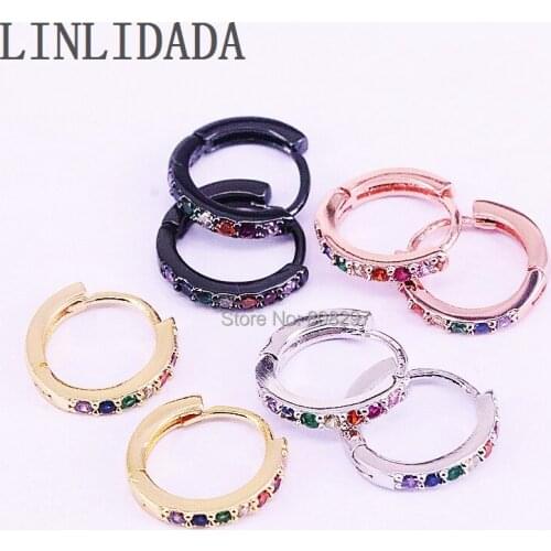 10Pairs Rainbow CZ Micro Pave Zirconia Gold,Rose Gold, Black Color Hoop Earrings Fashion Jewelry