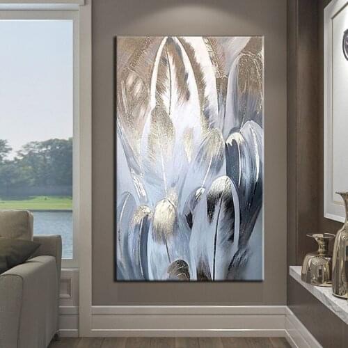 100% Hand Painted Oil Painting Large Size Hand Made Classic Gold Foil Feather Art Wall Paintings Canvas Wall Art Room Decoration