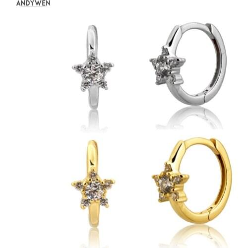 ANDYWEN 925 Sterling Silver Plain Star Huggies 2020 Middle Hoops Earring Fashion Jewelry For 2020 Rock Punk Jewels Party