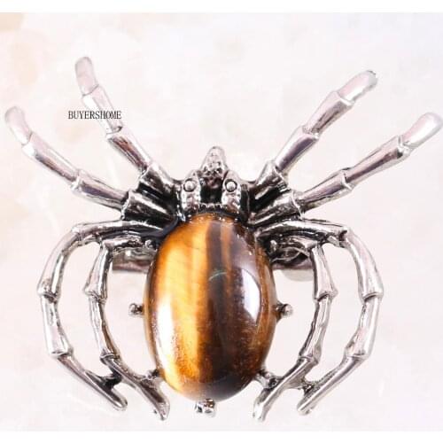Spider Brooch Natural Stone Tigers Eye CAB Cabochon Bead Pendant For Men Women Jewelry Gift 1Pcs K701