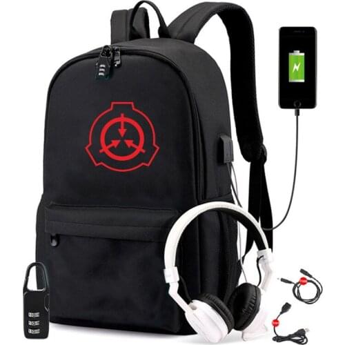 Anime SCP Secure Contain Protect Designer USB Backpack Bag Travel School Students BookBag Mochila With Free Lock