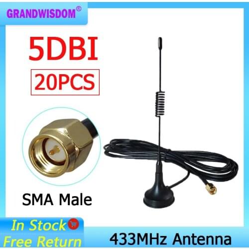 20pcs 5dbi 433Mhz Antenna 433 MHz antena GSM SMA Male Connector with Magnetic base for Radio Signal Booster Wireless Repeater