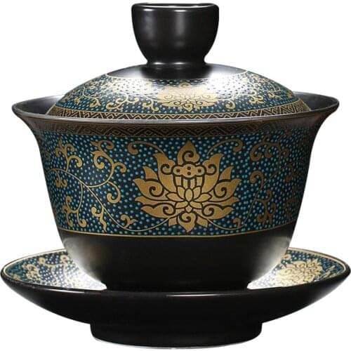 Chinese Teaset Classical Gaiwan Tea Cups Black Clay Tureen 180ml Lid Bowl Saucer Traditional Handmade Tea Brew Tea Cup