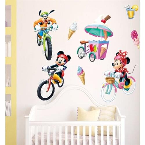 Hot Disney Mickey Minnie Goofy Ride Bicycle Wall Stickers Home Decor Living Room Cartoon Wall Decals Pvc Mural Art Diy Posters