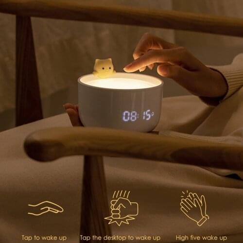 Cute LED Night Light Alarm Clock Teacup Cat Lamp Touch Sensor Nightlights USB Rechargeable Bedside Lamp Table Lamp For Kid Gift