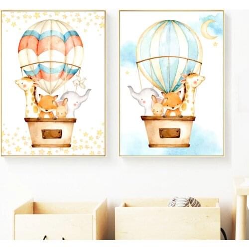 Cartoon Fox Rabbit Giraffe Elephant Balloon Nordic Posters And Prints Wall Art Canvas Painting Wall Pictures Kids Room Decor