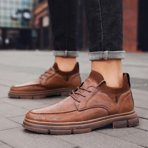 Mens leather non-slip casual shoes all-match waterproof sports shoes thick-soled lace-up Martin boots