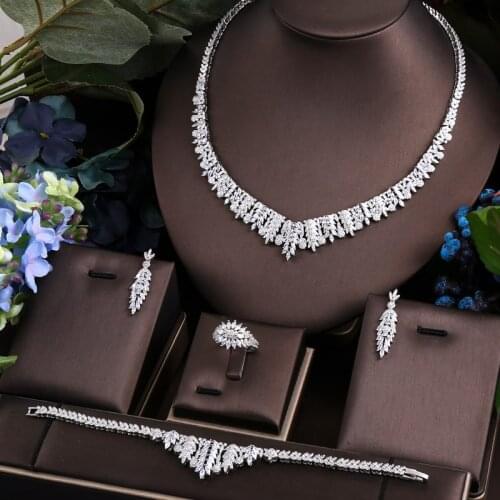 Janekelly 4pcs Bridal Zirconia Full Jewelry Sets For Women Party, Luxury Dubai Nigeria CZ Crystal Wedding necklace sets