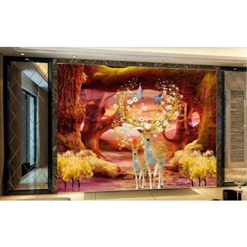 Custom mural 3d photo wallpaper Mountain tree cave elk 3d landscape home decor living room wallpaper for walls 3 d in rolls