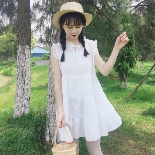 Summer new womens Korean version of the fresh and pure color bow high waist was thin students sweet cute casual dress
