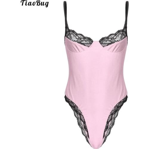 TiaoBug Men Lace Trimming Bodycon Bodysuit Sissy Adjustable Strap Sleeveless Unlined Wireless Bra Leotard Lingerie Underwear