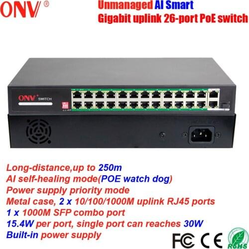 ONV Unmanaged Gigabit Uplink 26-port AI PoE Switch VLAN 250m Transmission 802.3af/at AI Self-healing Watch Dog for POE Camera AP