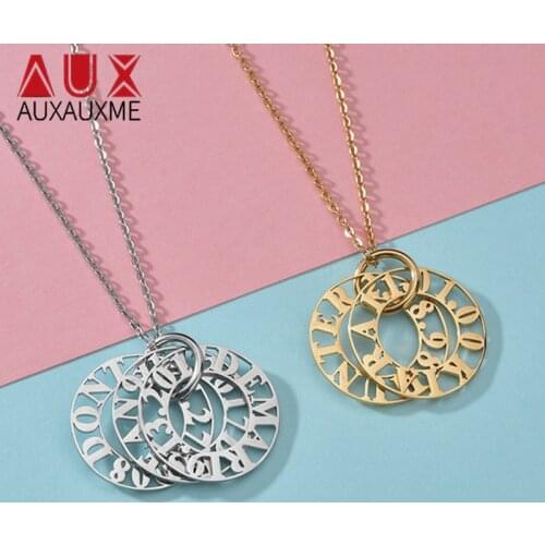 Auxauxme Custom Name Circle Necklace Stainless Steel Customized Names Letter Date Pedant Necklace for Couple Gifts