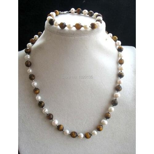 Freshwater pearl white round and yellow tigers eye round faceted necklace bracelet 18" FPPJ