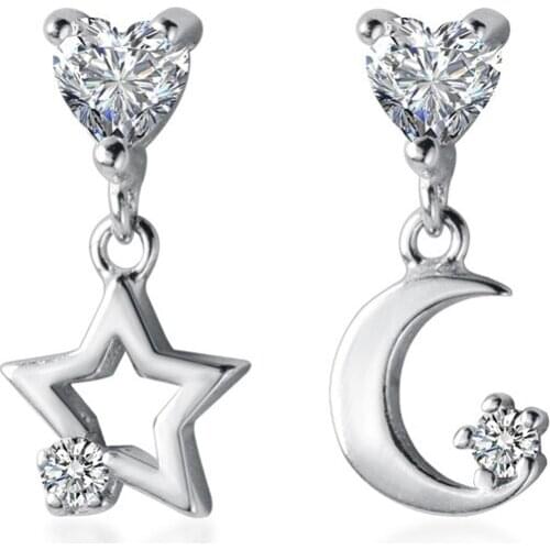 MloveAcc 925 Sterling Silver Star&Moon Charm Earrings W/ Heart CZ for Women Girls Real Silver Earrings