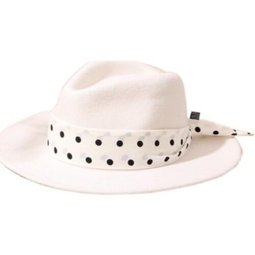Simple classic pure white woolen woolen hat womens polka-dot flat-brimmed fedora hat autumn and winter fashion panama hat