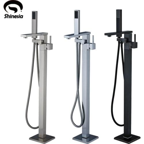 Solid Brass Bathtub Faucet Single Handle Hot and Cold Water Mixer Tap with Hand Shower Floor Mounted