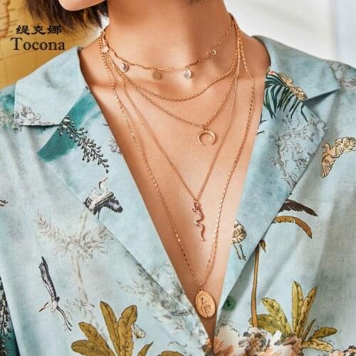 Tocona Charms Snake Moon Pendant Neckalce for Women Virgin Mary Colorful Rhinestone Layered Necklace Party Jewelry Collar 9543