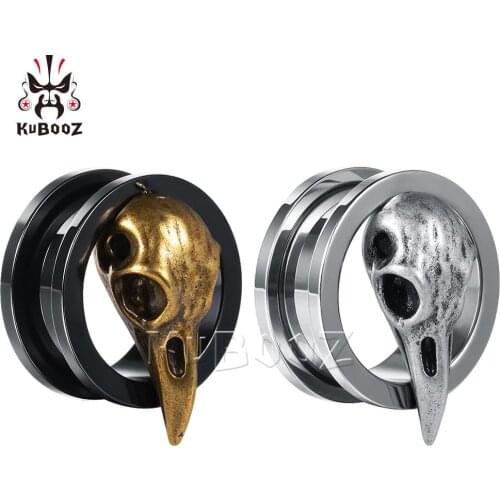 KUBOOZ Bird Skull Ear Tunnels Plugs Earrings Expanders Stainless Steel Studs Screw Gauges Fashion Body Piercing Jewelry Gift